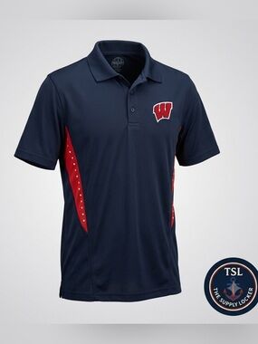 Wisconsin Badgers Polo Shirt Men’s small (Est.) Navy Red Athletic Performance